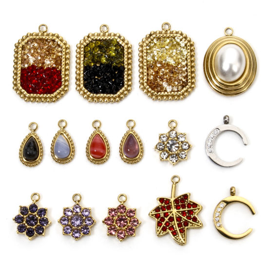 Immagine di 1 Pz Placcatura Sottovuoto Ecologica 304 Acciaio Inossidabile Ciondoli Foglia d'Acero Oro Placcato Luna Multicolore Cubic Zirconiae