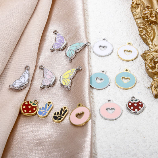 Picture of Eco-friendly Vacuum Plating 304 Stainless Steel Charmes Multicolor Butterfly Animal Heart Enamel