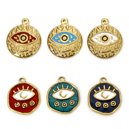 Eco-friendly Vacuum Plating 304 Stainless Steel Religious Charmes Gold Plated Round Evil Eye Enamel