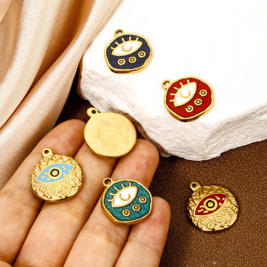 Picture of Eco-friendly Vacuum Plating 304 Stainless Steel Religious Charmes Gold Plated Round Evil Eye Enamel