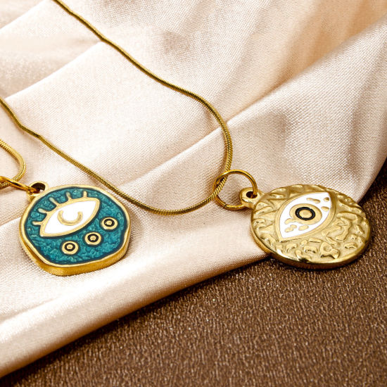 Picture of Eco-friendly Vacuum Plating 304 Stainless Steel Religious Charmes Gold Plated Round Evil Eye Enamel