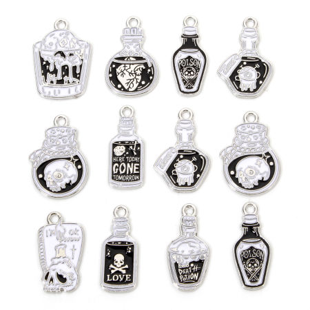 Zinc Based Alloy Halloween Charms Silver Tone Black & White Skull Enamel