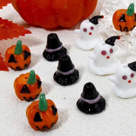 Picture of Lampwork Glass Beads For DIY Jewelry Making Pumpkin Multicolor Halloween Ghost 3D