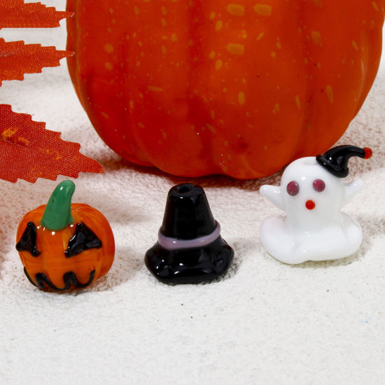 Picture of Lampwork Glass Beads For DIY Jewelry Making Pumpkin Multicolor Halloween Ghost 3D