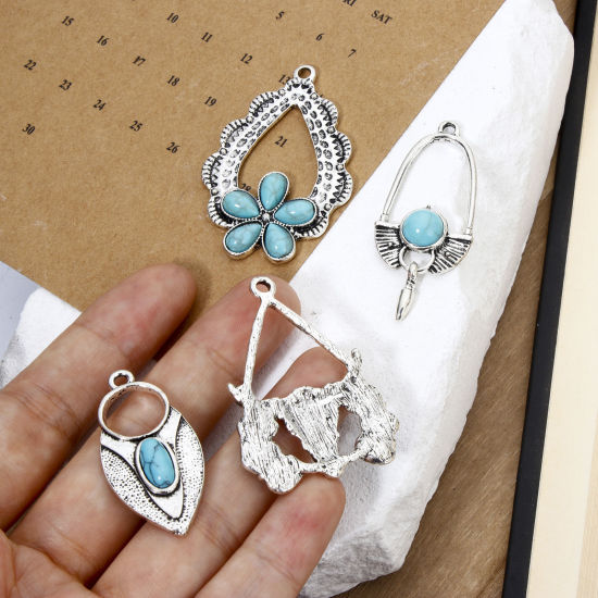 Picture of Zinc Based Alloy Boho Chic Bohemia Pendants Antique Silver Color With Resin Cabochons Imitation Turquoise