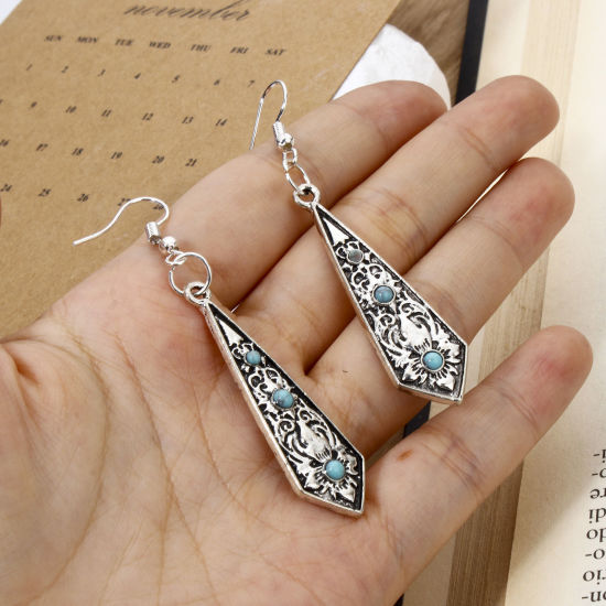 Picture of Zinc Based Alloy Boho Chic Bohemia Pendants Antique Silver Color With Resin Cabochons Imitation Turquoise