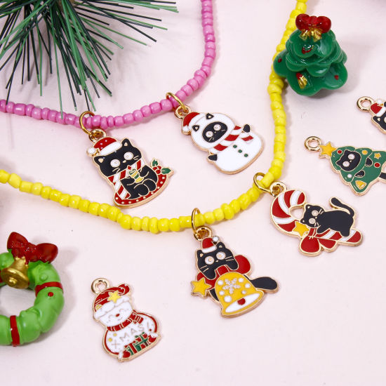 Picture of Zinc Based Alloy Christmas Charms Gold Plated Multicolor Cat Animal Enamel