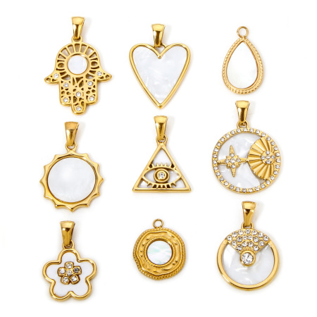Eco-friendly Vacuum Plating 304 Stainless Steel & Natural Shell Charmes Gold Plated Sun Star
