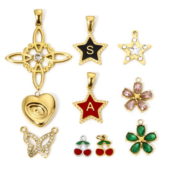 Bild von Umweltfreundliche Vakuumbeschichtung 304 Edelstahl Charm-Anhänger Schmetterling Vergoldet Pentagramm Bunt Strass