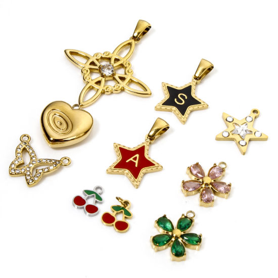Bild von Umweltfreundliche Vakuumbeschichtung 304 Edelstahl Charm-Anhänger Schmetterling Vergoldet Pentagramm Bunt Strass