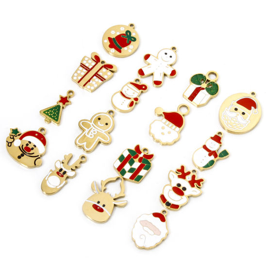 Picture of Vacuum Plating 304 Stainless Steel Christmas Charms 18K Gold Plated Enamel