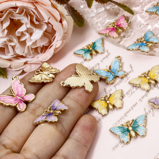 Picture of Zinc Based Alloy Insect Charms Gold Plated Gradient Color Multicolor Pearlized Butterfly Animal Enamel