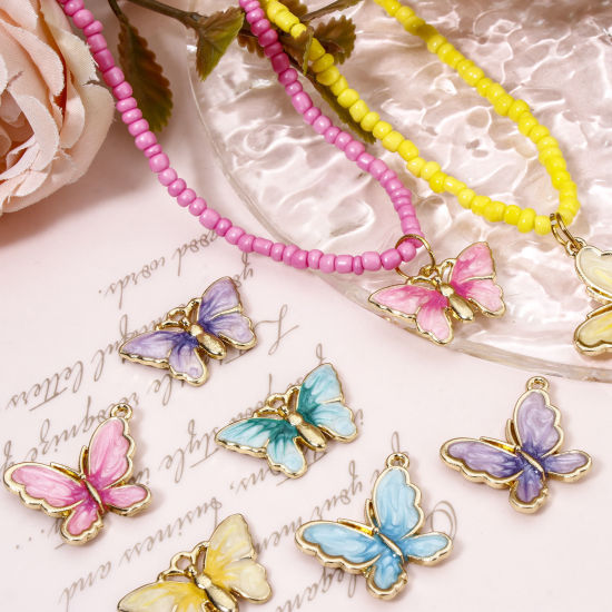 Picture of Zinc Based Alloy Insect Charms Gold Plated Gradient Color Multicolor Pearlized Butterfly Animal Enamel