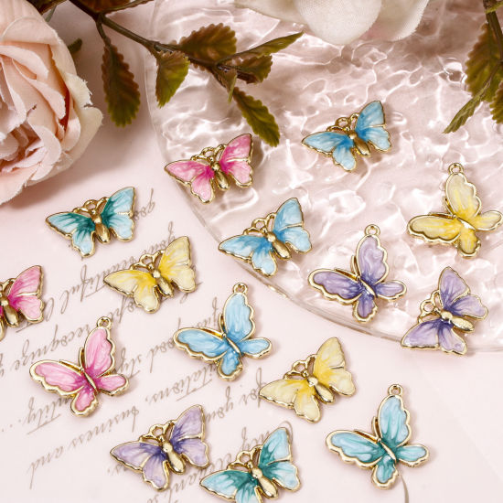 Picture of Zinc Based Alloy Insect Charms Gold Plated Gradient Color Multicolor Pearlized Butterfly Animal Enamel