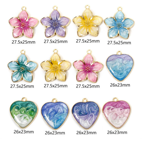 Picture of Zinc Based Alloy Charms Gold Plated Gradient Color Multicolor Pearlized Flower Heart Enamel