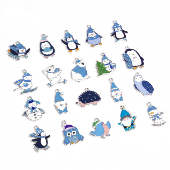 Picture of Zinc Based Alloy Charms Winter Style Silver Tone White & Blue Enamel