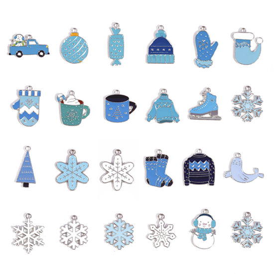 Picture of Zinc Based Alloy Charms Winter Style Silver Tone White & Blue Enamel