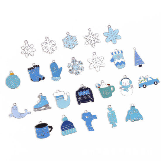 Picture of Zinc Based Alloy Charms Winter Style Silver Tone White & Blue Enamel