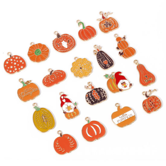 Picture of Zinc Based Alloy Autumn Fall Style Halloween Charms Gold Plated Multicolor Pumpkin Enamel