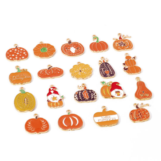 Picture of Zinc Based Alloy Autumn Fall Style Halloween Charms Gold Plated Multicolor Pumpkin Enamel