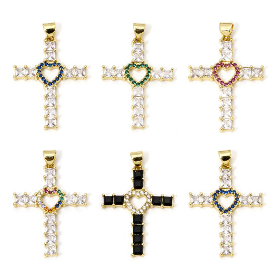 Immagine di 1 Pz Ecologico Ottone Religione Ciondoli Pendenti Croce 18K Vero Oro Placcato Cuore Micro Spianare Trasparente Strass 3.5cm x 2.3cm