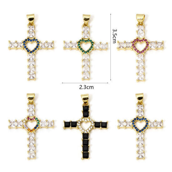 Immagine di 1 Pz Ecologico Ottone Religione Ciondoli Pendenti Croce 18K Vero Oro Placcato Cuore Micro Spianare Trasparente Strass 3.5cm x 2.3cm