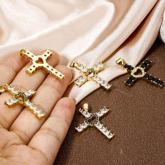 Immagine di 1 Pz Ecologico Ottone Religione Ciondoli Pendenti Croce 18K Vero Oro Placcato Cuore Micro Spianare Trasparente Strass 3.5cm x 2.3cm