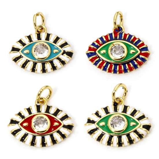 Immagine di 1 Pz Ecologico Ottone Ciondoli Pendenti Occhi 18K Vero Oro Placcato Multicolore Smalto Trasparente Cubic Zirconiae 16mm x 15.5mm