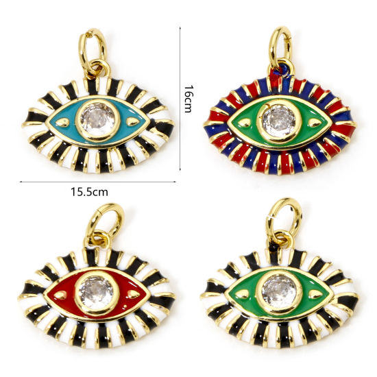 Immagine di 1 Pz Ecologico Ottone Ciondoli Pendenti Occhi 18K Vero Oro Placcato Multicolore Smalto Trasparente Cubic Zirconiae 16mm x 15.5mm