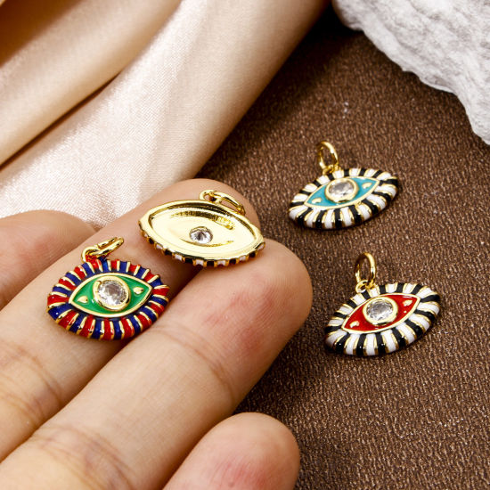 Immagine di 1 Pz Ecologico Ottone Ciondoli Pendenti Occhi 18K Vero Oro Placcato Multicolore Smalto Trasparente Cubic Zirconiae 16mm x 15.5mm