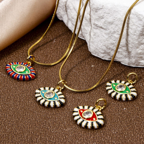Immagine di 1 Pz Ecologico Ottone Ciondoli Pendenti Occhi 18K Vero Oro Placcato Multicolore Smalto Trasparente Cubic Zirconiae 16mm x 15.5mm