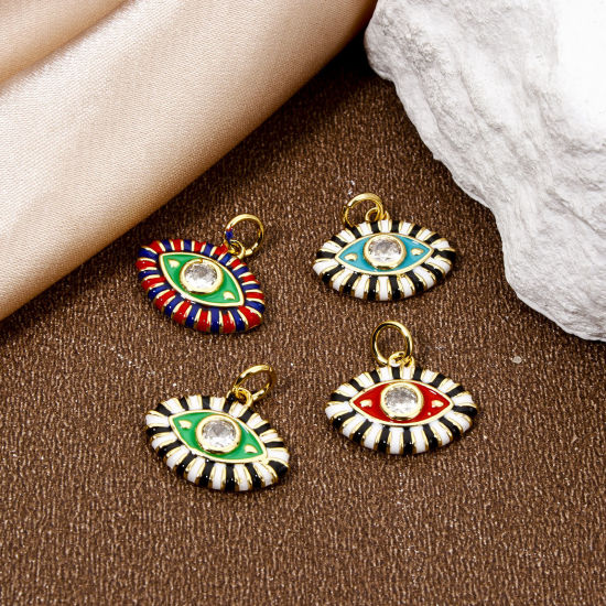 Immagine di 1 Pz Ecologico Ottone Ciondoli Pendenti Occhi 18K Vero Oro Placcato Multicolore Smalto Trasparente Cubic Zirconiae 16mm x 15.5mm