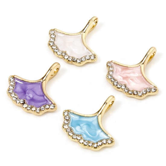 Picture of Zinc Based Alloy Micro Pave Charms Gold Plated Pearlized Maple Leaf Enamel Clear Rhinestone 16mm x 16mm