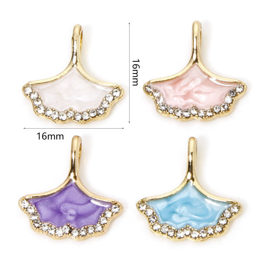 Picture of Zinc Based Alloy Micro Pave Charms Gold Plated Pearlized Maple Leaf Enamel Clear Rhinestone 16mm x 16mm