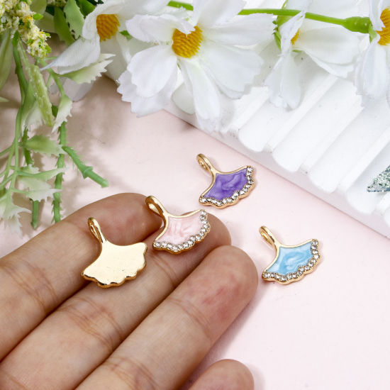 Picture of Zinc Based Alloy Micro Pave Charms Gold Plated Pearlized Maple Leaf Enamel Clear Rhinestone 16mm x 16mm