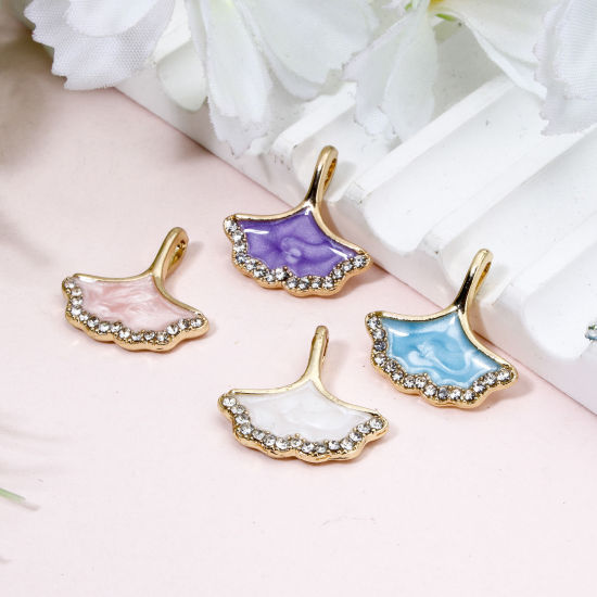 Picture of Zinc Based Alloy Micro Pave Charms Gold Plated Pearlized Maple Leaf Enamel Clear Rhinestone 16mm x 16mm