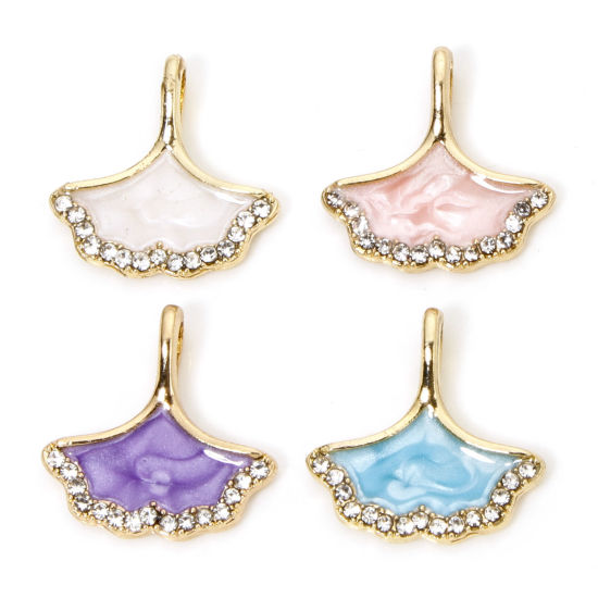 Picture of Zinc Based Alloy Micro Pave Charms Gold Plated Pearlized Maple Leaf Enamel Clear Rhinestone 16mm x 16mm