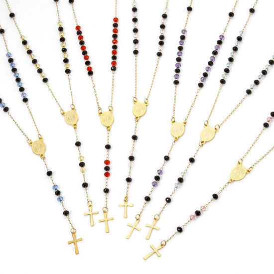 Image de 1 Pièce Collier Chapelet de Perles de Prière en 304 Acier Inoxydable Religieux Doré Croix Sainte Vierge Marie 52cm Long