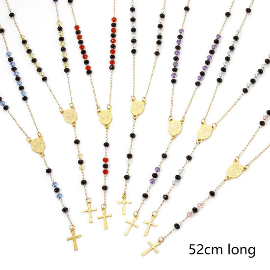 Image de 1 Pièce Collier Chapelet de Perles de Prière en 304 Acier Inoxydable Religieux Doré Croix Sainte Vierge Marie 52cm Long