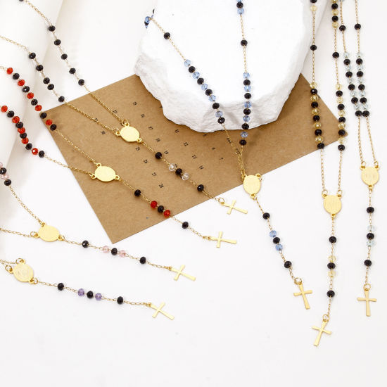 Image de 1 Pièce Collier Chapelet de Perles de Prière en 304 Acier Inoxydable Religieux Doré Croix Sainte Vierge Marie 52cm Long