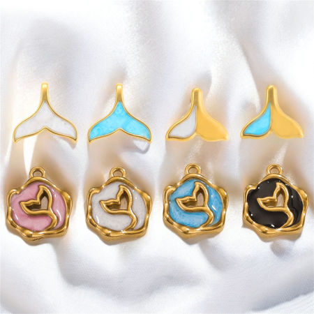 Vacuum Plating 304 Stainless Steel Charms 18K Gold Plated Fishtail Enamel