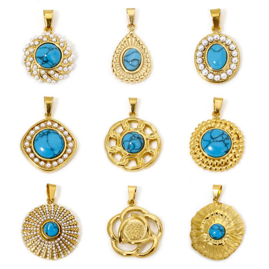 Picture of 304 Stainless Steel Charm Pendant 18K Gold Plated Blue Geometric Imitation Turquoise