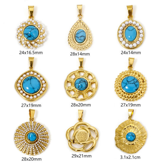 Picture of 304 Stainless Steel Charm Pendant 18K Gold Plated Blue Geometric Imitation Turquoise