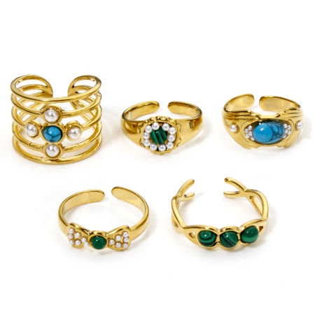 Vacuum Plating 304 Stainless Steel Open Rings 18K Gold Plated Imitation Gemstones
