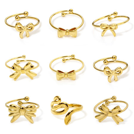 Imagen de 1 Unidad Enchapado al Vacío 304 Acero Inoxidable Abierto Anillos Chapado en Oro de 18K Nudo Mariposa