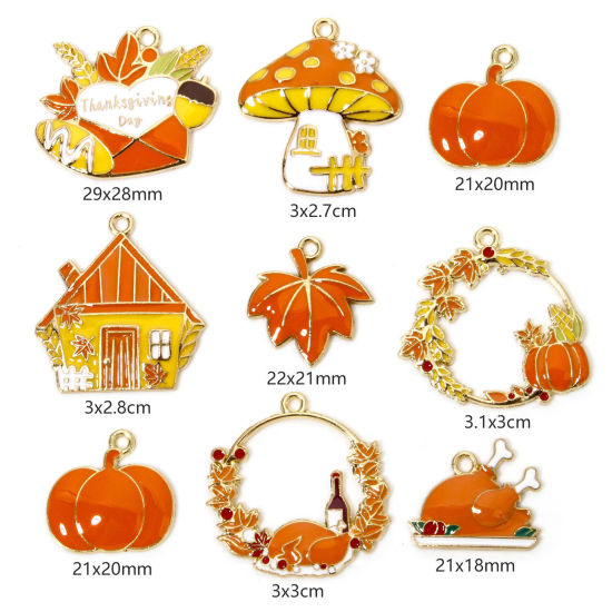 Picture of Zinc Based Alloy Thanksgiving Day Autumn Fall Style Charms Gold Plated Orange Enamel