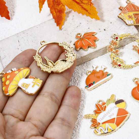 Picture of Zinc Based Alloy Thanksgiving Day Autumn Fall Style Charms Gold Plated Orange Enamel