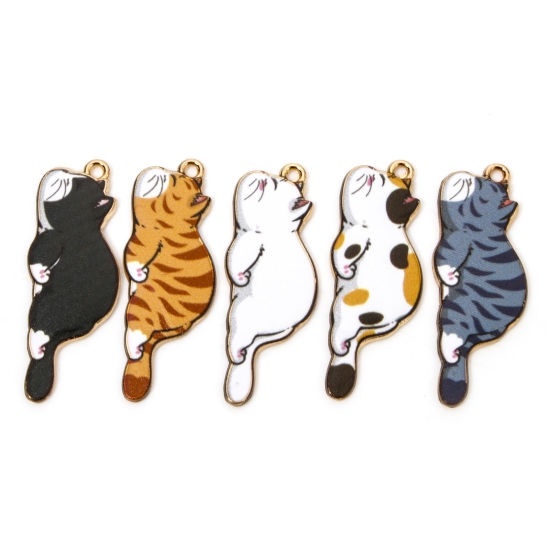 Image de 20 Pcs Pendentifs en Alliage de Zinc Doré Multicolore Chat Émail 3.5cm x 1.3cm