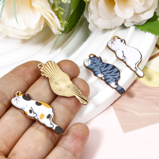 Image de 20 Pcs Pendentifs en Alliage de Zinc Doré Multicolore Chat Émail 3.5cm x 1.3cm