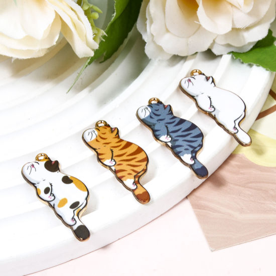 Image de 20 Pcs Pendentifs en Alliage de Zinc Doré Multicolore Chat Émail 3.5cm x 1.3cm